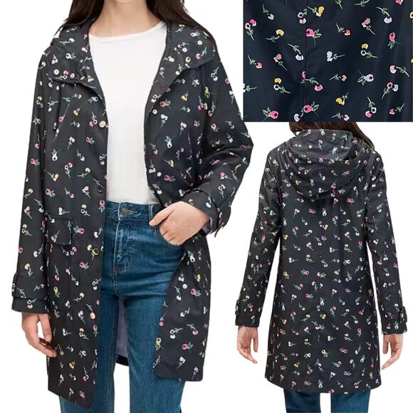 NWT KATE SPADE RAINCOAT S JACKET DITSY FLORAL BLACK HOODED PINK SNAP BUTTON - Picture 1 of 15